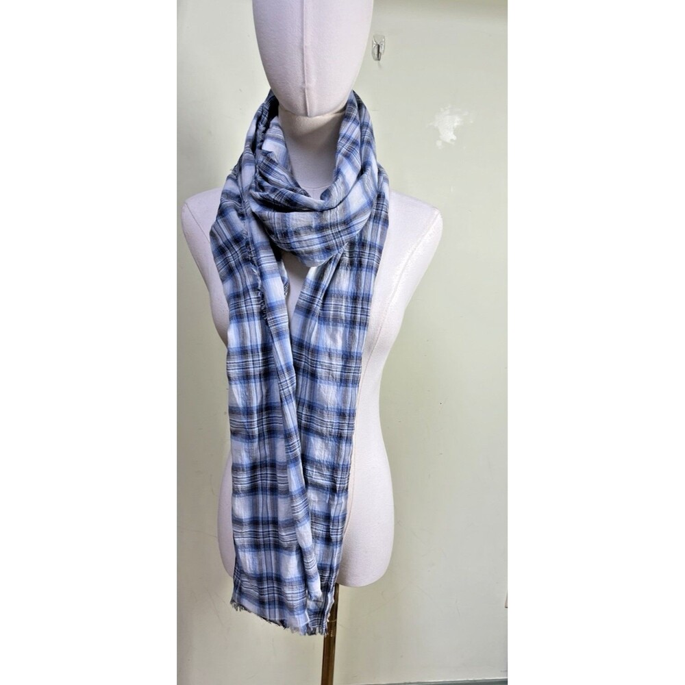 Gap Sz OSFM Lightweight Raw Hem Blue Plaid Multifunctional Scarf Preppy Academia